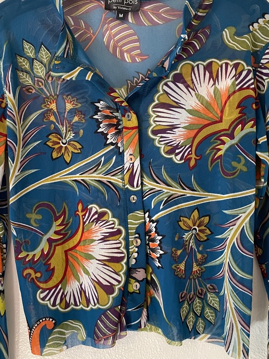 Petit Pois by Viviana Tops - Petit Pois Teal Tropical Floral Sheer Nylon Mesh Blouse Shell Buttons M